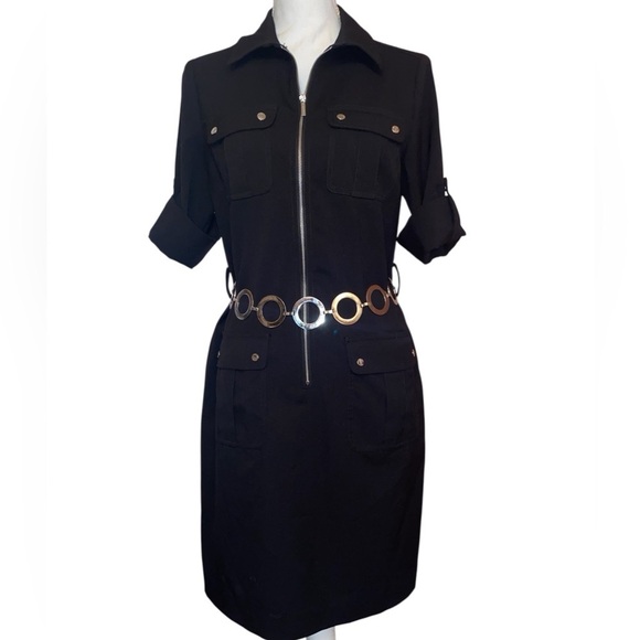MICHAEL KORS Utility Midi Dress Front Zipper 3/4 Sleeves Black Size MEDIUM - Picture 6 of 8